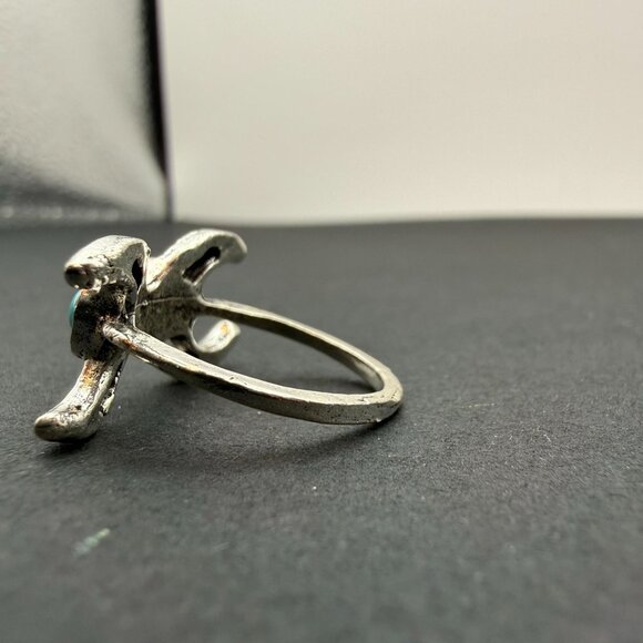 VTG Silver Tone Crescent Turquoise Double Stone Ring Boho Y2K Statement Jewelry - Picture 4 of 8